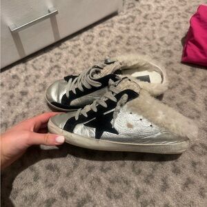 Golden Goose Silver and Black Sneakers slip on